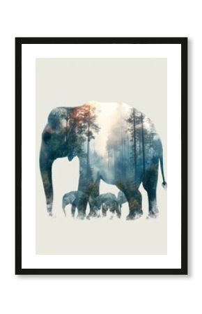 Double Exposure Elephant Silhouette with Family in Forest, Celebrating Care for Nature and Wildlife  