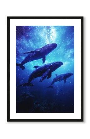 Three whales swim in a vibrant blue underwater scene.  Stars and light illuminate the deep ocean, creating a magical atmosphere