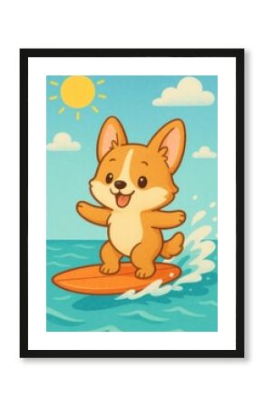 Cute corgi surfing illustration.