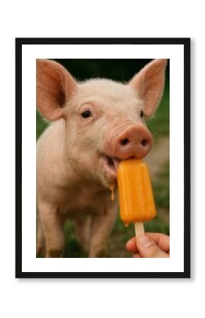 Piglet enjoying orange popsicle outdoors.