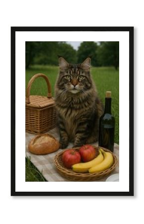Cat picnic basket apples outdoors