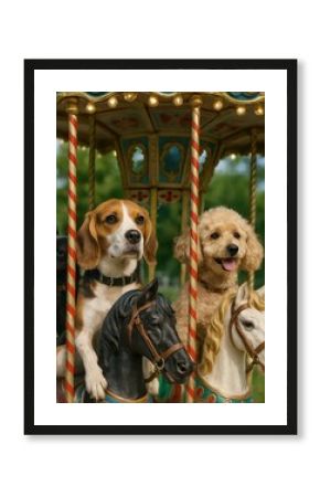 Dogs enjoying carousel ride.