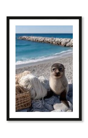 Sea Lion Entangled in Fishing Net on Sandy Beach