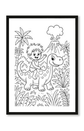 coloring page for children, black outline. Child riding dinosaur in a jungle scene with palm trees and a volcano in a playful coloring page illustration. vertical