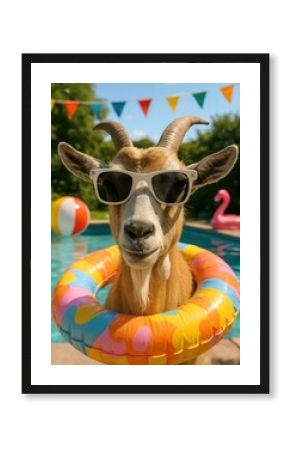 Goat enjoying summer pool party.