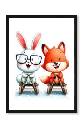 Happy cartoon rabbit and fox sledding in a winter wonderland