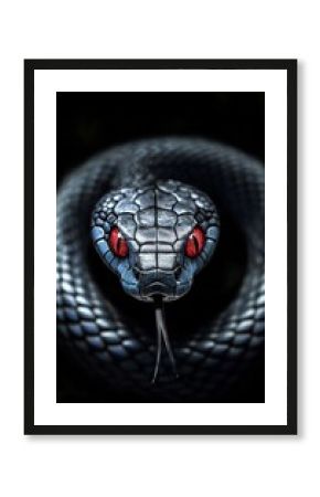 Stunning Black Serpent Coiled with Striking Ruby Eyes and Shiny Scales, Ready to Strike