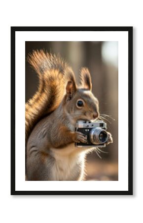 Adorable squirrel standing on a log while holding a tiny vintage camera in its paws, captured in a warm forest setting
