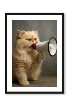 Fluffy cat using megaphone humorously.