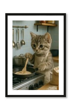 Adorable kitten cooking breakfast delight.