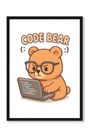 Code bear programming on laptop with transparent background