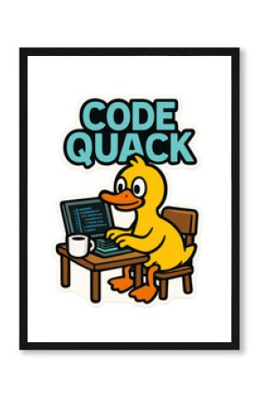Yellow duck programming and drinking coffee at computer on transparent background