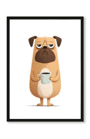 Cute grumpy pug with a coffee cup, funny dog character design isolated on a white background