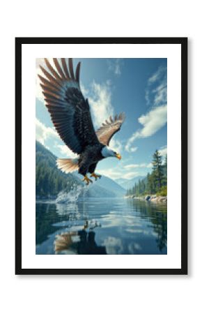 Majestic Bald Eagle Taking Flight from a Mountain Lake. n awe-inspiring and dynamic image of a majestic bald eagle captured in the moment of flight just above a pristine lake. The eagle's powerful win