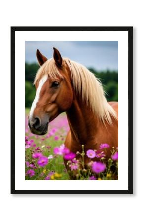 a horse stands in a field of flowers.