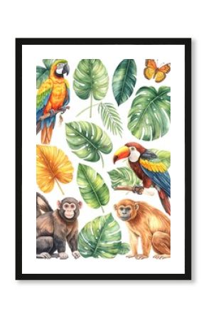 Tropical birds and leaves