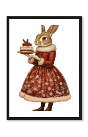 PNG Rabbit holding christmas cake painting vintage animal.