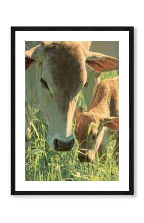 Cow and Calf Grazing in Tall Grass, Vector Illustration, Farm Animals