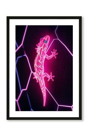 Neon gecko traversing illuminated geometric network against dark textured backdrop creating a captivating visual effect