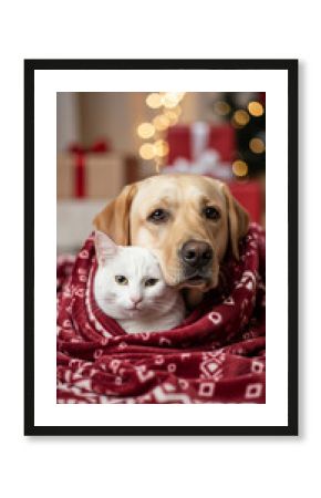 Labrador and white cat snuggled under red blanket near Christmas lights and gifts, showcasing warmth and companionship during winter holidays