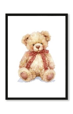 Cute brown teddy bear illustration watercolor ribbon.