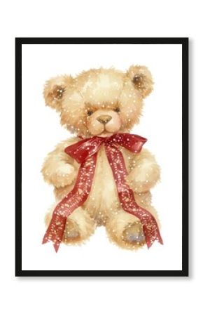 Cute teddy bear illustration watercolor ribbon.