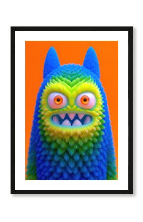 Cute 3d halloween monster with fur texture and colorful cartoon characters on bright backgrounds