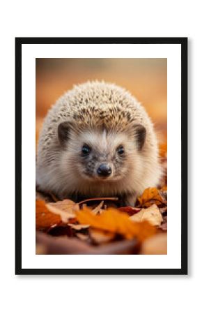 Close-up of hedgehog amidst autumn leaves, showcasing its spiny fur and dark eyes.  Image symbolizes wildlife, nature, and the season's change.