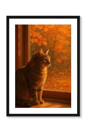 Cat gazing through autumn window.
