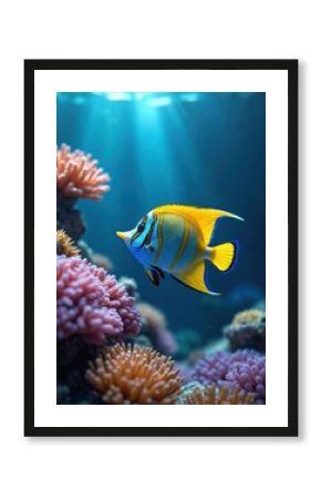 Underwater scene with bright yellow, blue fish. Coral reef backdrop. Marine life thrives. Turquoise water, sunlight rays penetrate. Beautiful sea creatures add color, vibrancy. Marine biodiversity