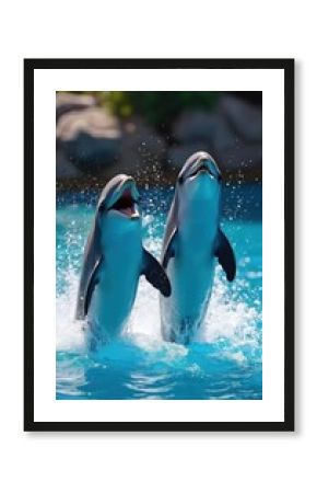 Two dolphins leap from blue water. Marine mammals jump from water with splashes. Adorable playful creatures smile. Aquatic sea animal show with joyful mood for entertainment industry.