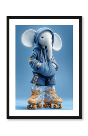 Cartoon elephant character wearing blue hoodie and shorts, roller skating on wheels, showcasing playful and vibrant urban lifestyle with fun and whimsical atmosphere. Funny animal concept.
