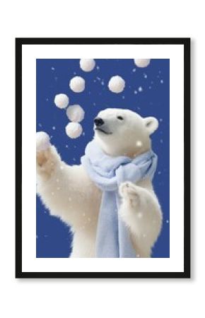Polar bear plays with snowballs in winter wonderland with blue background