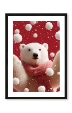 Polar bear playing in snowflakes with a red background in a festive setting