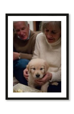 Older couple joyfully welcomes new golden retriever puppy during family gathering