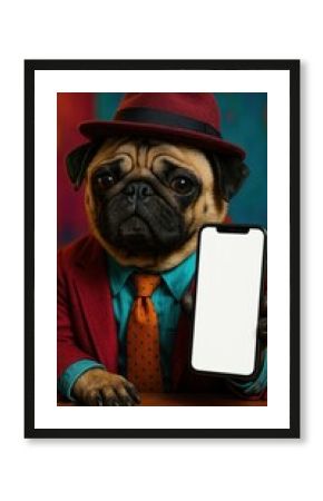 Stylish pug holding smartphone.