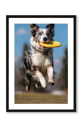 A joyful dog leaps in the air, catching a frisbee against a vibrant blue sky, exemplifying the spirit of playfulness and energy in outdoor activities.