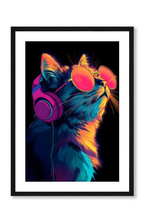 Colorful digital artwork of a cat wearing sunglasses and headphones against a dark background