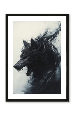 Fantasy black wolf in darkness. A lone wolf in the forest. Dangerous wolf. 