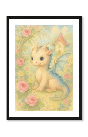 Cute dragon in floral garden.