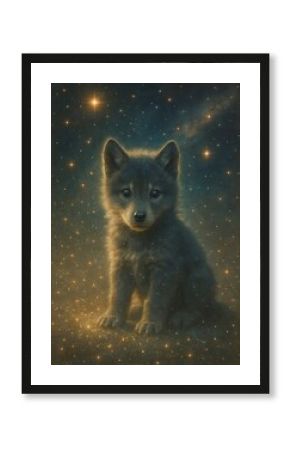 Celestial wolf pup stargazing.