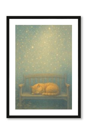 A serene scene of a sleeping orange cat on a wooden bench under a starry sky. The peaceful cat rests, surrounded by twinkling stars, creating a tranquil atmosphere.