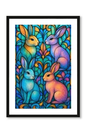 Colorful rabbits in stained glass.