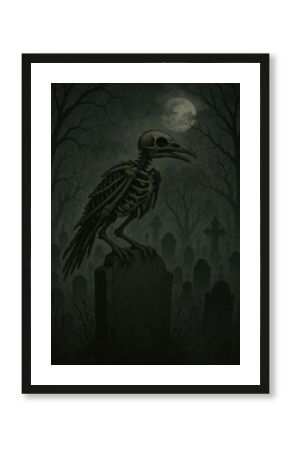 Eerie skeletal bird in graveyard.