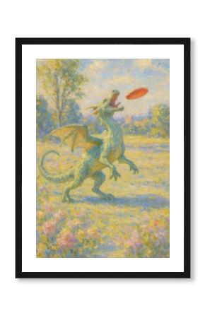 Whimsical dragon playing frisbee.