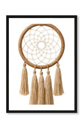 Eco-friendly dreamcatcher with a recycled hoop, cotton web, and hemp tassels.