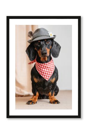 Dackel mit Trachtenhut und rot weiß kariertem Halstuch 