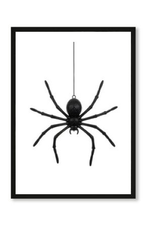 Plastic Spider With Hanging String Isolated Checkered Background Halloween Black Scary Decoration Creepy Object Nobody Studio Shot Simulation Replica