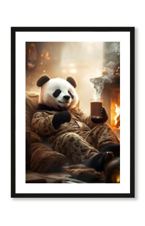 Cozy Panda Enjoying a Warm Beverage by the Fireplace at Home