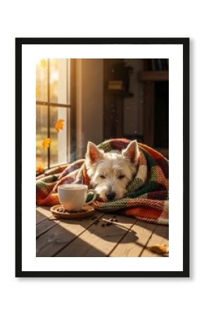 Golden retriever sleeping in cozy armchair with plaid blanket by window. Autumn scene with hot coffee and glowing book. Peaceful hygge lifestyle at home.